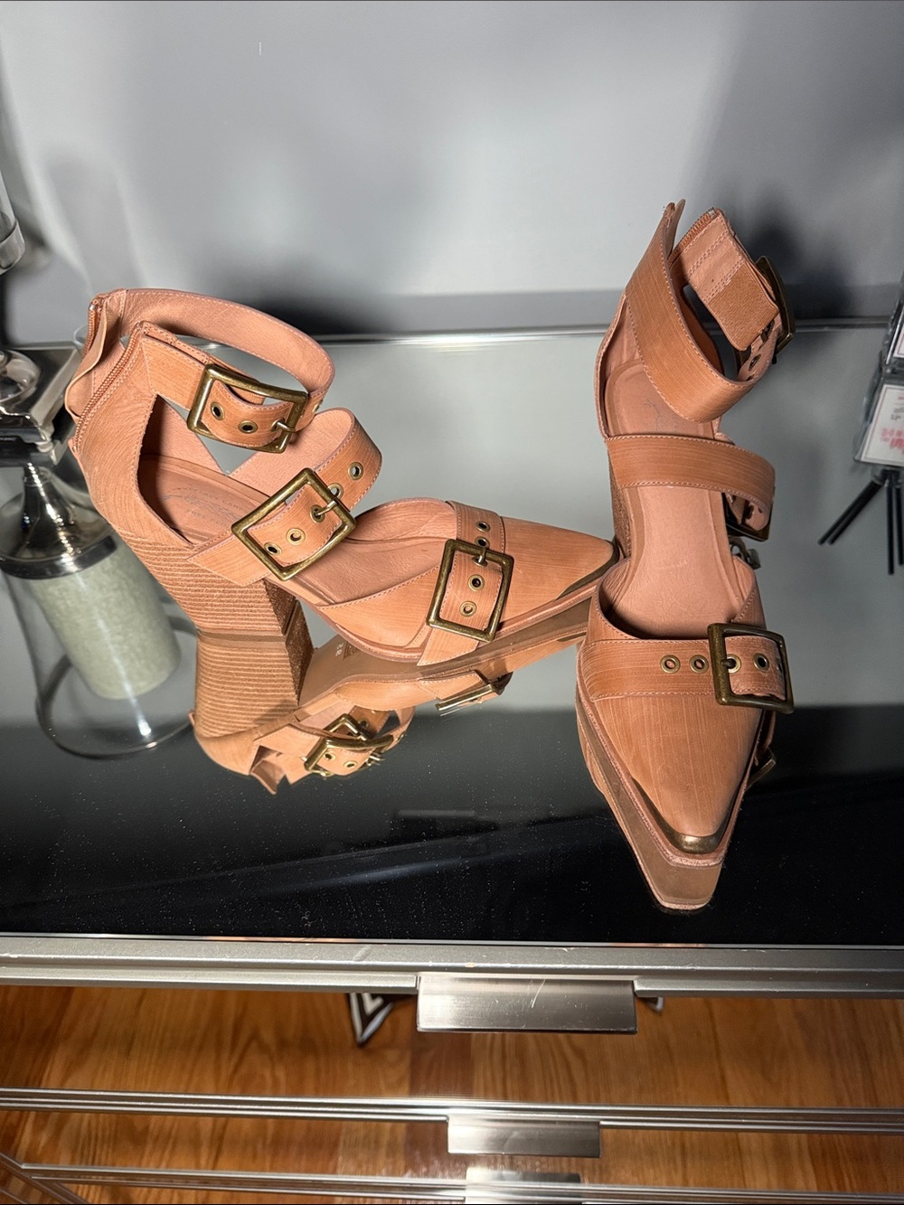 Free People Nude Buckle Block Heel Shoes